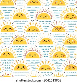 Cute Sunset or Sunrise Smiling Faces with Sea Waves Seamless Pattern. Vector Childish Background with Doodle Funny Half Sun Icons for Kids Design