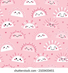 Cute Sunset or Sunrise Smiling Faces and Hearts Seamless Pattern. Vector Childish Pink Background. Funny Half Sun Characters for Kids Design.