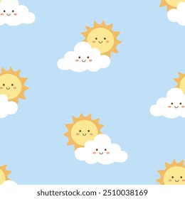 cute sunshine and cloud pattern design for background, wallpaper, textile design, fabric, blanket, blanket for kids card, wrapping paper, carpet, notebook, diary cover, decoration and etc.