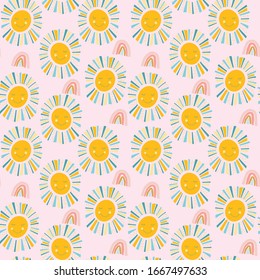 Cute sunshine and rainbow repeat pattern. Seamless Vector background for children's clothing, wallpaper, textile and package design.