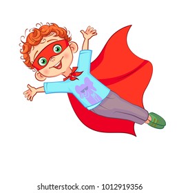 Cute Super boy character vector illustration. Flying kid dressed as a super hero, arms outstretched, red cape in the wind develops.