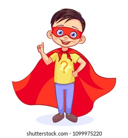 Cute Super boy with a raised index finger in  attention gesture, with a question mark on his chest. Funny kids vector illustration on white background.