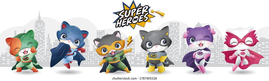 Cute super cat with watercolor illustration