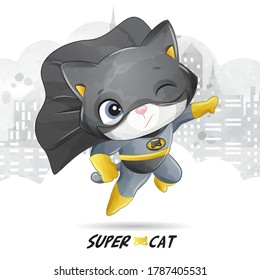 Cute super cat with watercolor illustration