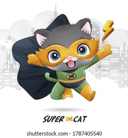 Cute super cat with watercolor illustration