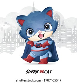 Cute super cat with watercolor illustration