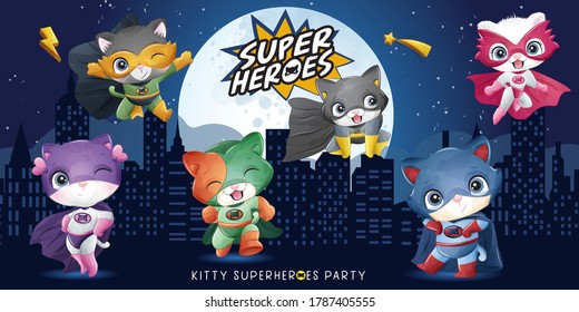 Cute super cat with watercolor illustration