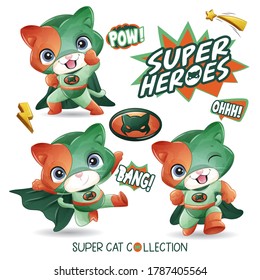 Cute super cat with watercolor illustration