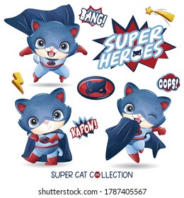 Cute super cat with watercolor illustration