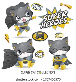 Cute super cat with watercolor illustration