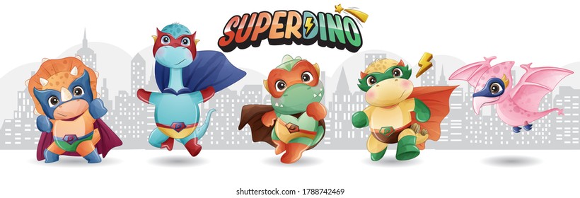 Cute super dinosaur with watercolor illustration