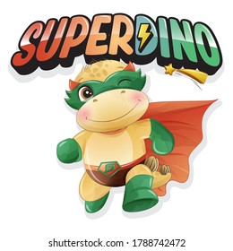 Cute super dinosaur with watercolor illustration