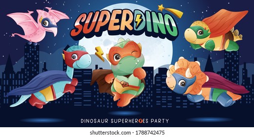 Cute super dinosaur with watercolor illustration