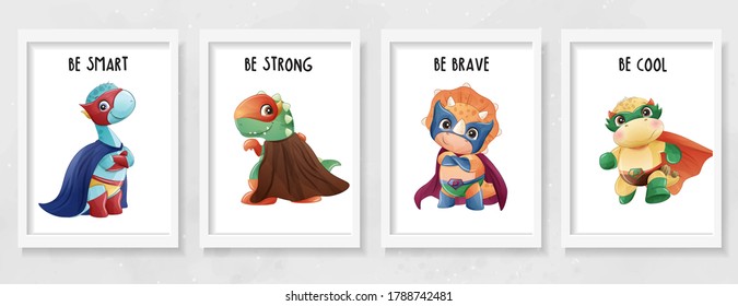 Cute super dinosaur with watercolor illustration