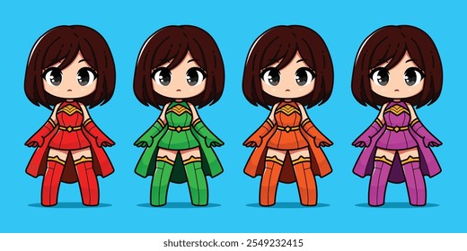 Una linda Super Girl Ilustración vectorial de dibujos animados Premium. 4 opción de color rojo verde naranja vestido púrpura