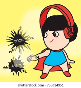 Cute Super Girl Using Her Ear Muffs Power To Stop The Loud Noise Concept Card Character illustration