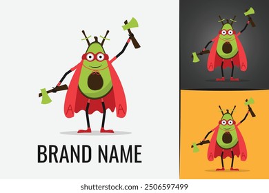 Cute Super hero Avocado logo. Logotype of avocado fruit character with axe