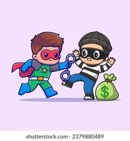 Cute Super Hero, der die Geldbeutel mit Handschellen fängt
Cartoon Vector Icon Illustration. People Holiday Icon Konzept
Einziger Premium-Vektorgrafik. Flachbildkartonstil