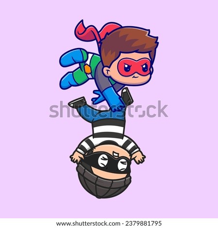 Cute Super Hero Catching Thief Cartoon Vector Icon
Illustration. People Holiday Icon Concept Isolated Premium
Vector. Flat Cartoon Style