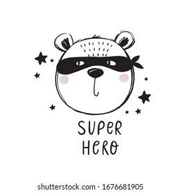 Cute super hero character animals. Hand drawn Bear in super hero costume. Scandinavian print for Kids
