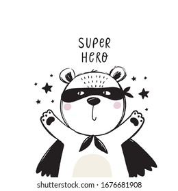 Cute super hero character animals. Hand drawn Bear in super hero costume. Scandinavian print for Kids