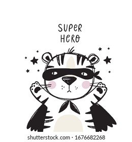 Cute super hero character animals. Hand drawn Tiger in super hero costume. Scandinavian print for Kids