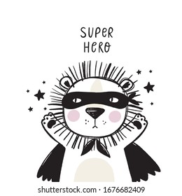 Cute super hero character animals. Hand drawn Lion in super hero costume. Scandinavian print for Kids