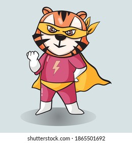 Cute super hero character animals. Hand drawn Tiger in super hero costume