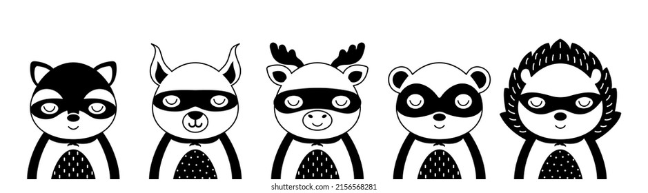 Cute super hero character animals. Desing for kids t-shirts, nursery decoration, greeting cards. Cute character in scandinavian style. Black and white set of raccoon, squirrel, moose, badger, hedgehog