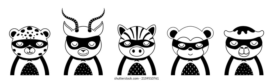 Cute super hero character animals. Desing for kids t-shirts, nursery decoration, greeting cards. Cute character in scandinavian style. Black and white set of jaguar, gazelle, zebra, monkey, camel.