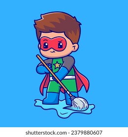 Cute Super Hero Cleaning Floor With Mop Cartoon Vector
Icon Illustration. People Healthy Icon Concept Isolated 
Premium Vector. Flat Cartoon Style
