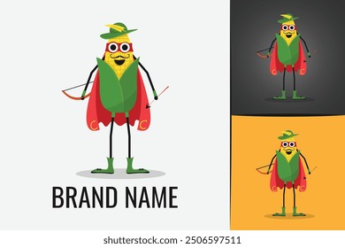 Cute Super hero Corn logo. Logotype of corn vegetable superman Veggie logo