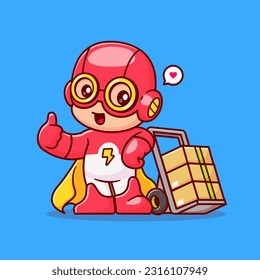Cute Super Hero Delivery Package Cartoon Vector Icon Illustration. People Holiday Icon Concept Isolated Premium Vector. Flat Cartoon Style