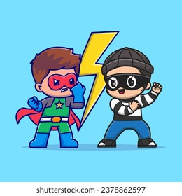 Cute Super Hero Fight With Thief Cartoon Vector Icon 
Illustration. People Holiday Icon Concept Isolated Premium 
Vector. Flat Cartoon Style