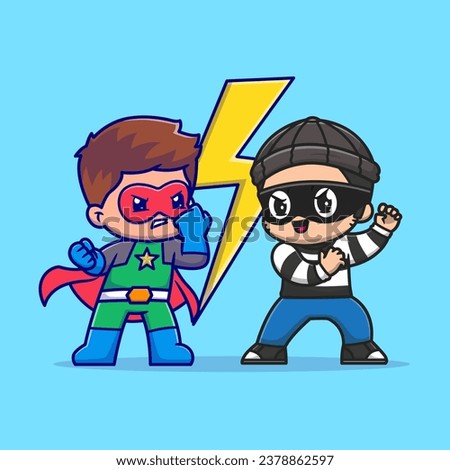 Cute Super Hero Fight With Thief Cartoon Vector Icon 
Illustration. People Holiday Icon Concept Isolated Premium 
Vector. Flat Cartoon Style