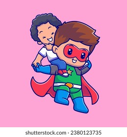 Cute Super Hero Floating With Kid Cartoon Vector Icon 
Illustration. People Holiday Icon Concept Isolated Premium 
Vector. Flat Cartoon Style