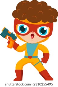 Cute Super Hero Kid Boy Cartoon Character With Gun. Vector Illustration Flat Design Isolated On Transparent Background