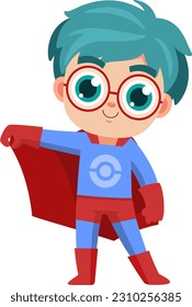 Cute Super Hero Kid Boy Cartoon Character. Vector Illustration Flat Design Isolated On Transparent Background