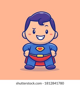 Cute Super Hero Kid Cartoon Vector Icon Illustration. People Icon Concept Isolated Premium Vector. Flat Cartoon Style