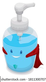 Cute super hero: the liquid soap ready to aid you during the hand washing, always with a smile and wearing a cloak and a shield symbolising cleaning and protective power.