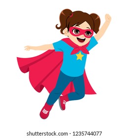 Cute super hero little girl flying with red cape