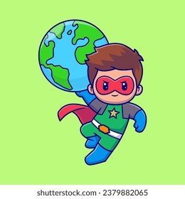 Cute Super Hero Save Earth World Globe Cartoon Vector Icon
Illustration. People Holiday Icon Concept Isolated Premium
Vector. Flat Cartoon Style