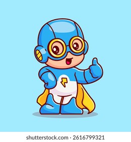 Cute Super Hero With Thumbs Up Cartoon Vector Icon Illustration. People Holiday Icon Concept Isolated Premium Vector. Flat Cartoon Style