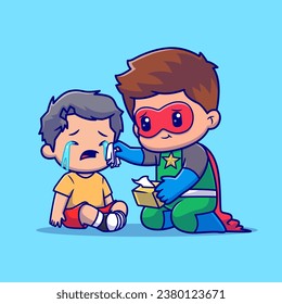 Cute Super Hero Wipe Crying Kid Cartoon Vector Icon
Illustration. People Holiday Icon Concept Isolated Premium
Vector. Flat Cartoon Style