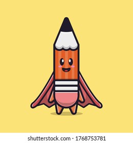 Cute Super Pencil with wings Cartoon Vector Icon Illustration. Flat Cartoon Style