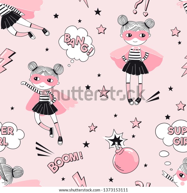 Cute Supergirls cartoon characters fly and fight with\
pink bomb on pink starry background. Girlish Superhero themed\
seamless pattern. Vector doodle graphics. Perfect for little girl\
design like t