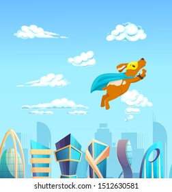 Cute superhero animal kids with a superhero cape and masks. Flying cartoon dog in the sky over skyscrapers. Future city skyline building from white clouds on blue sky vector