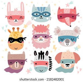 Cute superhero animals - bunny, cat, fox, koala, llama, girraffe, bear, zebra, dog. Childish characters for your design. Vector illustration.