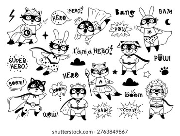 Cute Superhero Animals Clipart Set in Black Color. Super Hero Characters in Capes and Masks. Black Animals Doodles Images. Kids Vector Illustrations.