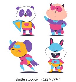 Cute superhero animals in cloak and mask vector cartoon set isolated on a white background.